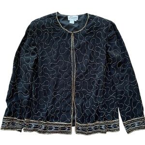 Vtg J Laxmi Beaded Embroidered Formal Evening Jacket Black Gold Silver Size L